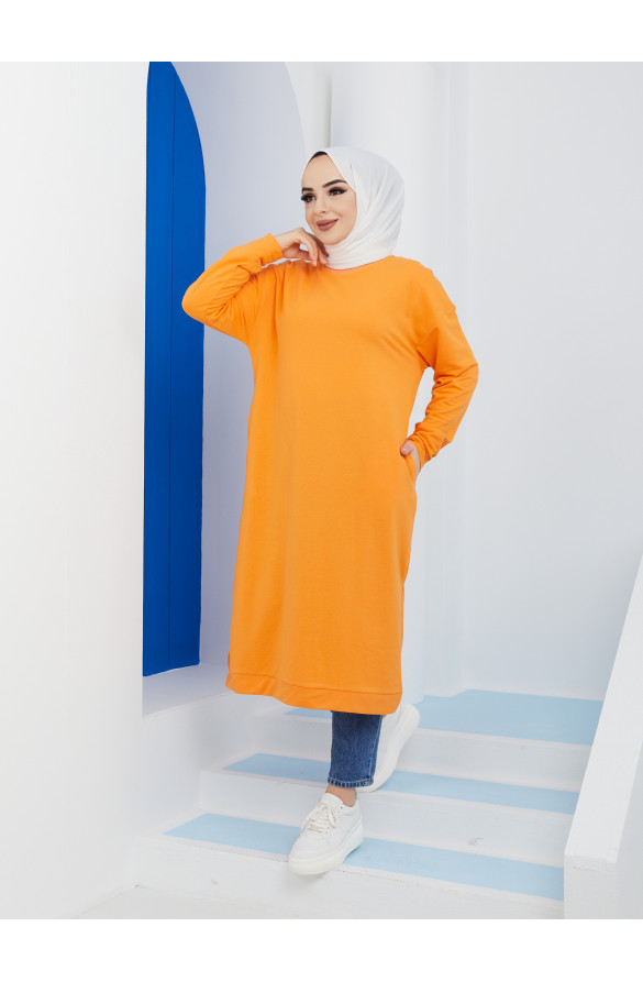 Uzun Yan Yırtmaçlı Çift Cepli Tesettür Tunik 3022 ORANJ